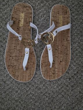 Michael Kors White Thong Sandals with Gold MK Emblem